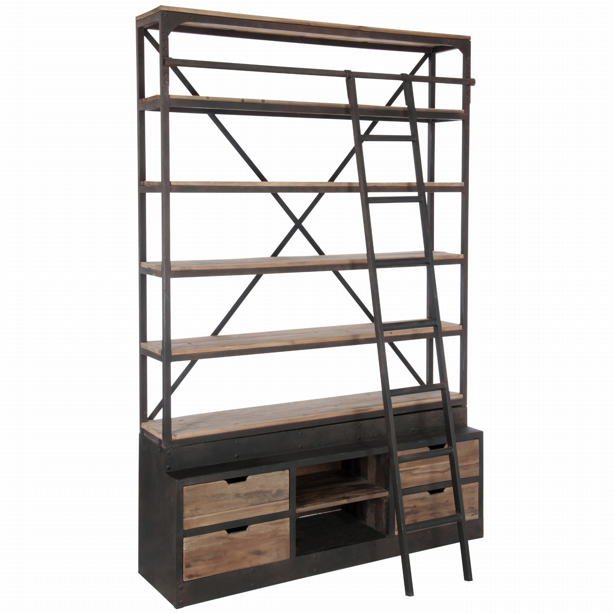Regał RIVET z drabiną drewno metal 160x45xh243 cm