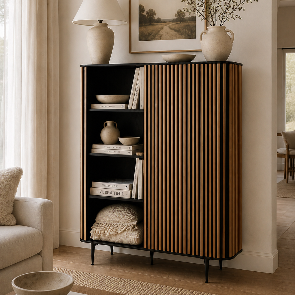 Komoda wysoka Linea dębowe lamele drewniana 135x45x98cm