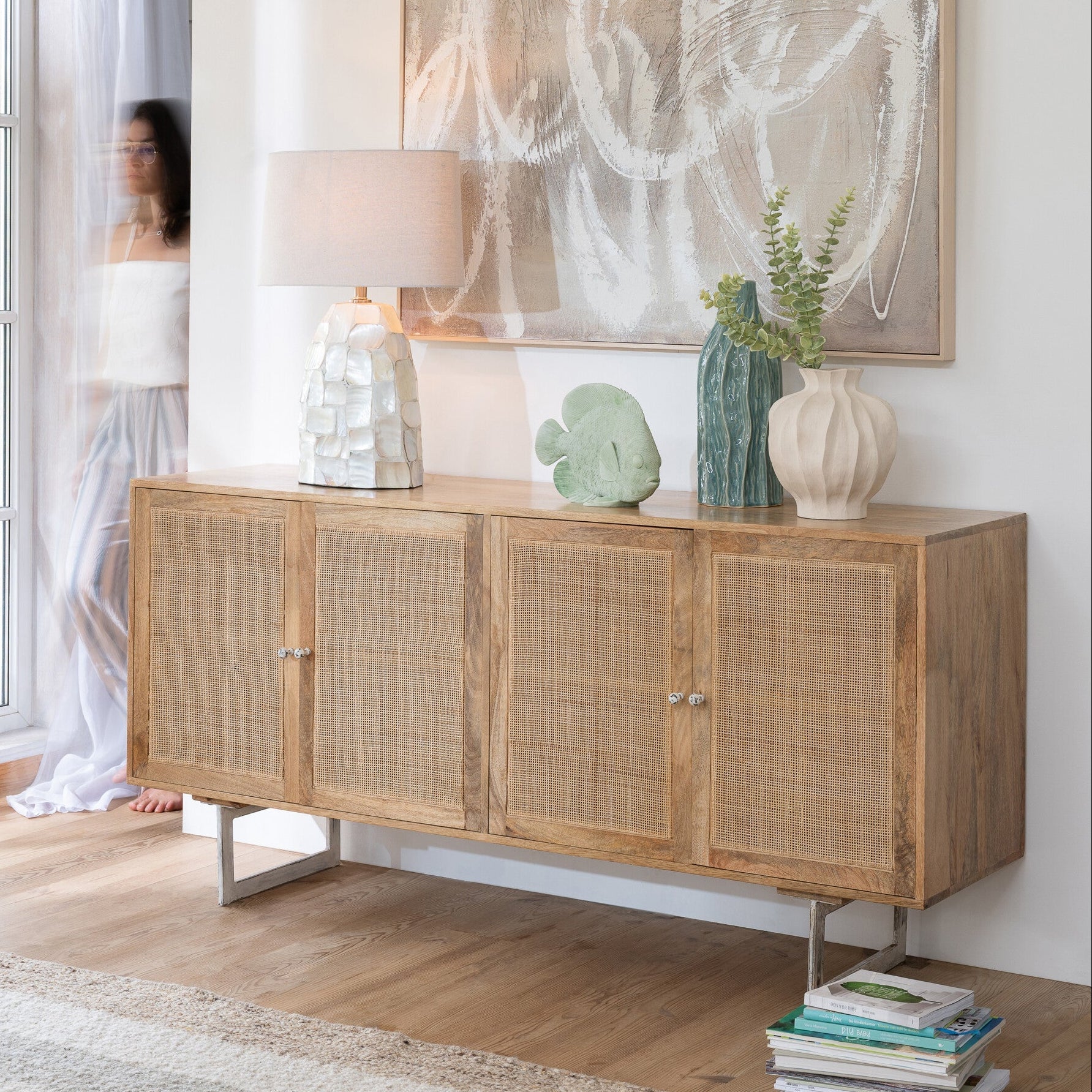 Komoda z drewna mango z rattanem 170 cm J - LINE