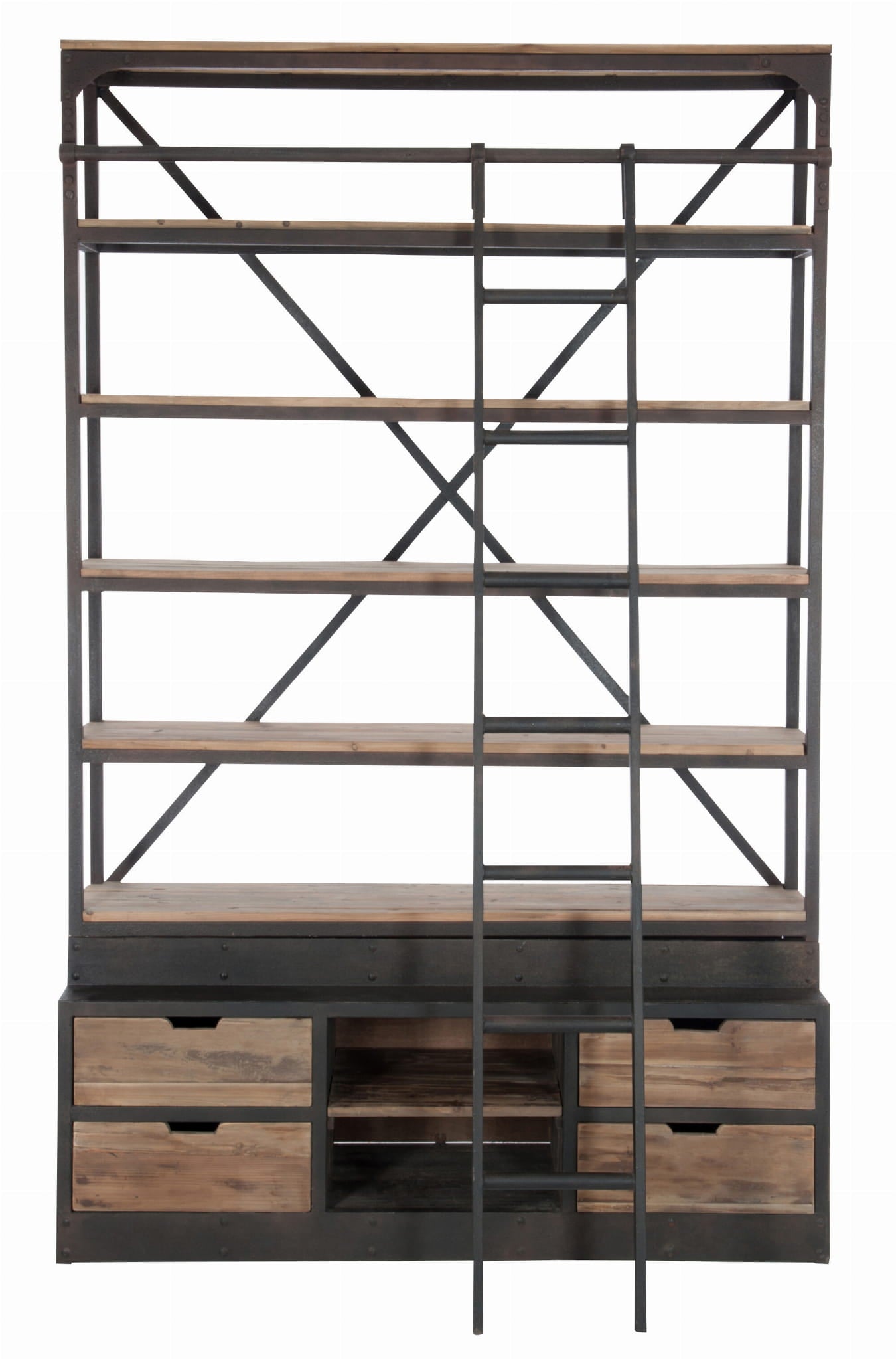 Regał RIVET biblioteczka z drabiną drewno metal 160x45xh243 cm J - LINE