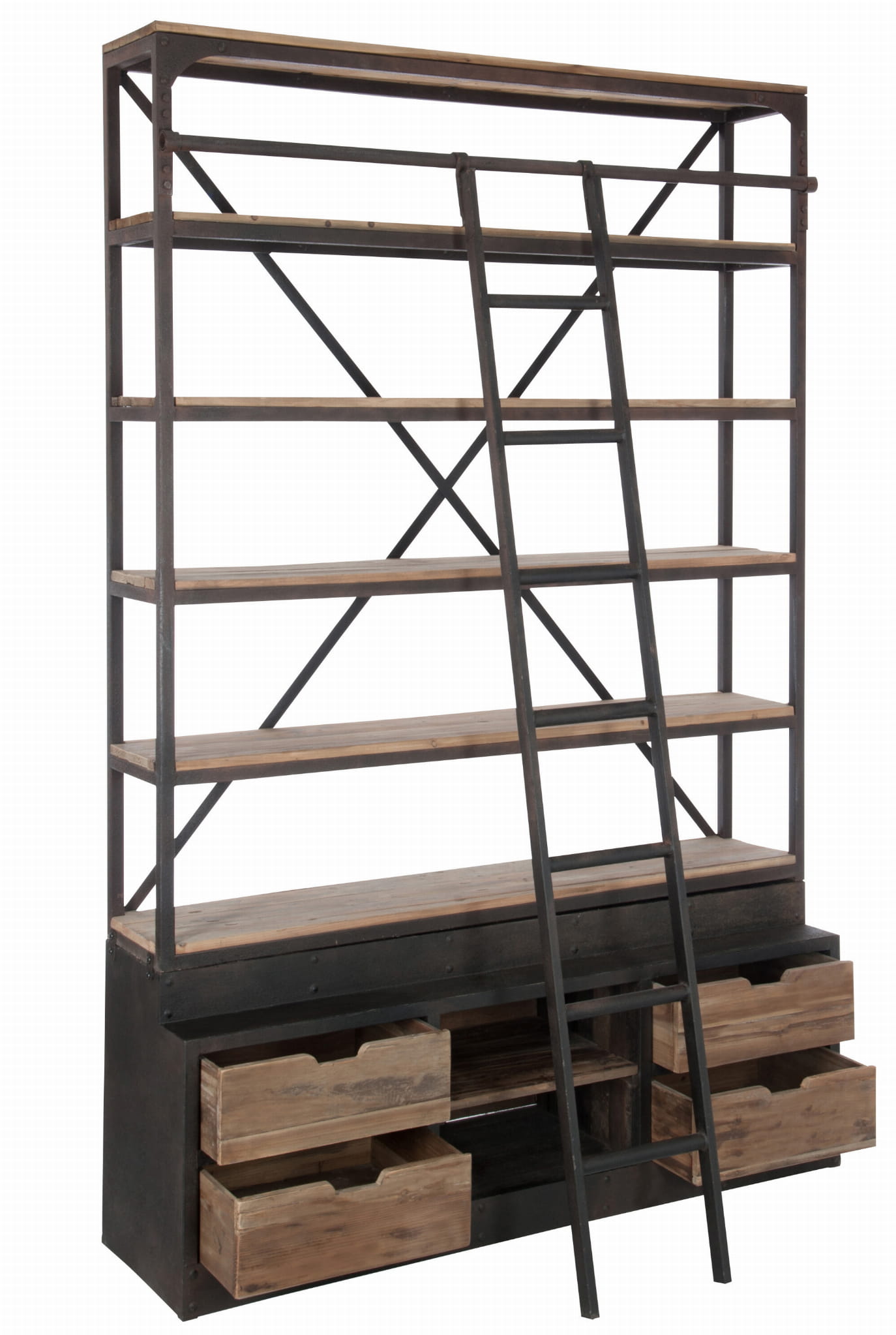 Regał RIVET biblioteczka z drabiną drewno metal 160x45xh243 cm J - LINE