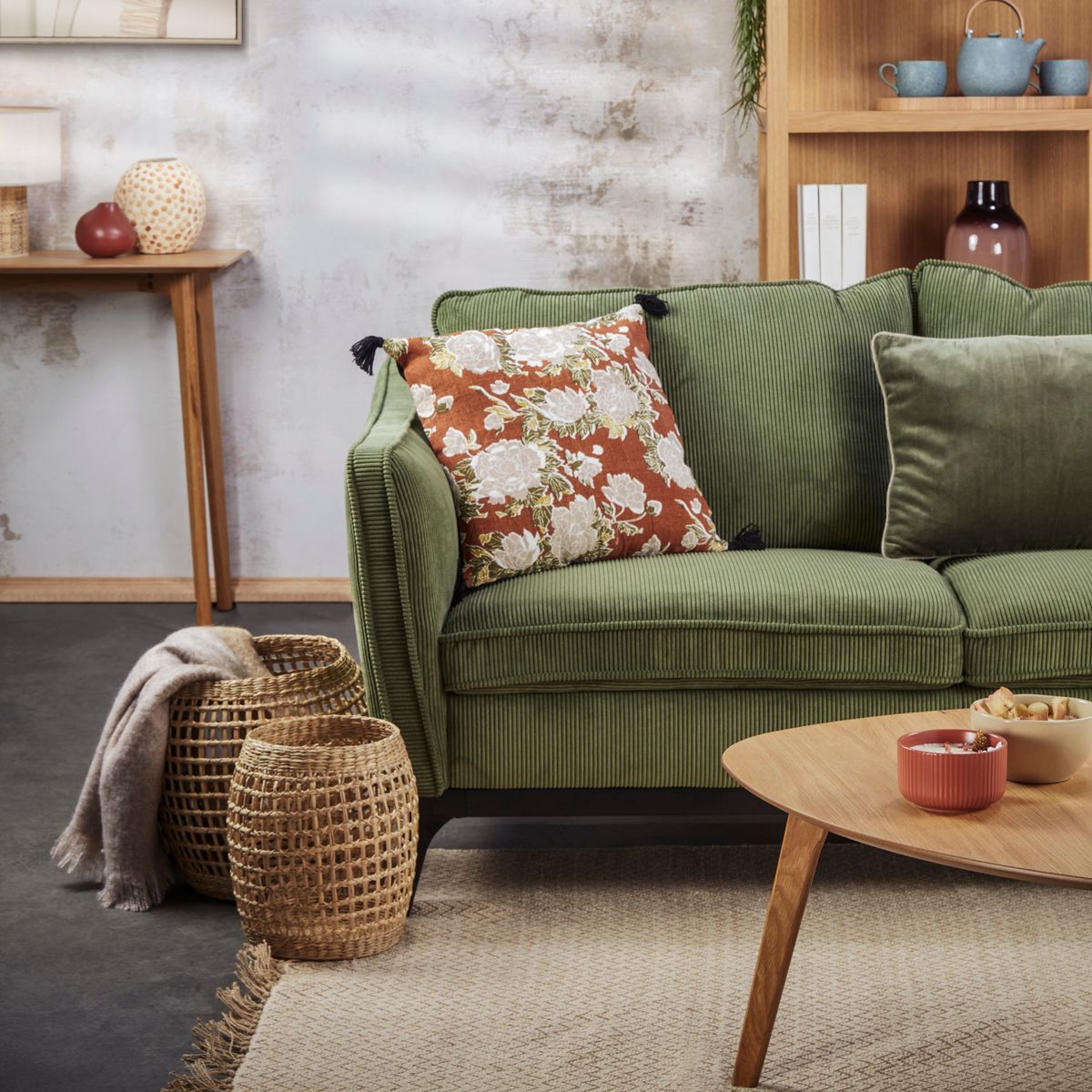 Sofa ze sztruksu Cleo 3 - osobowa 206 cm khaki Zago