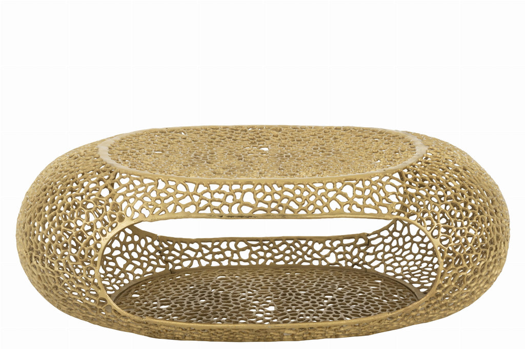 Stolik kawowy Gold owalny ażurowy metalowy złoty 120x70x40 cm J - LINE