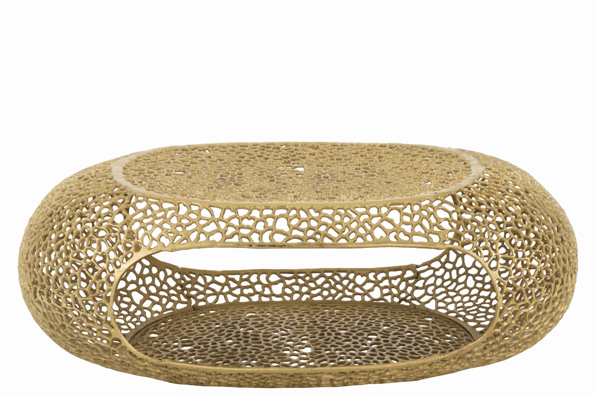 Stolik kawowy Gold owalny ażurowy metalowy złoty 120x70x40 cm J - LINE