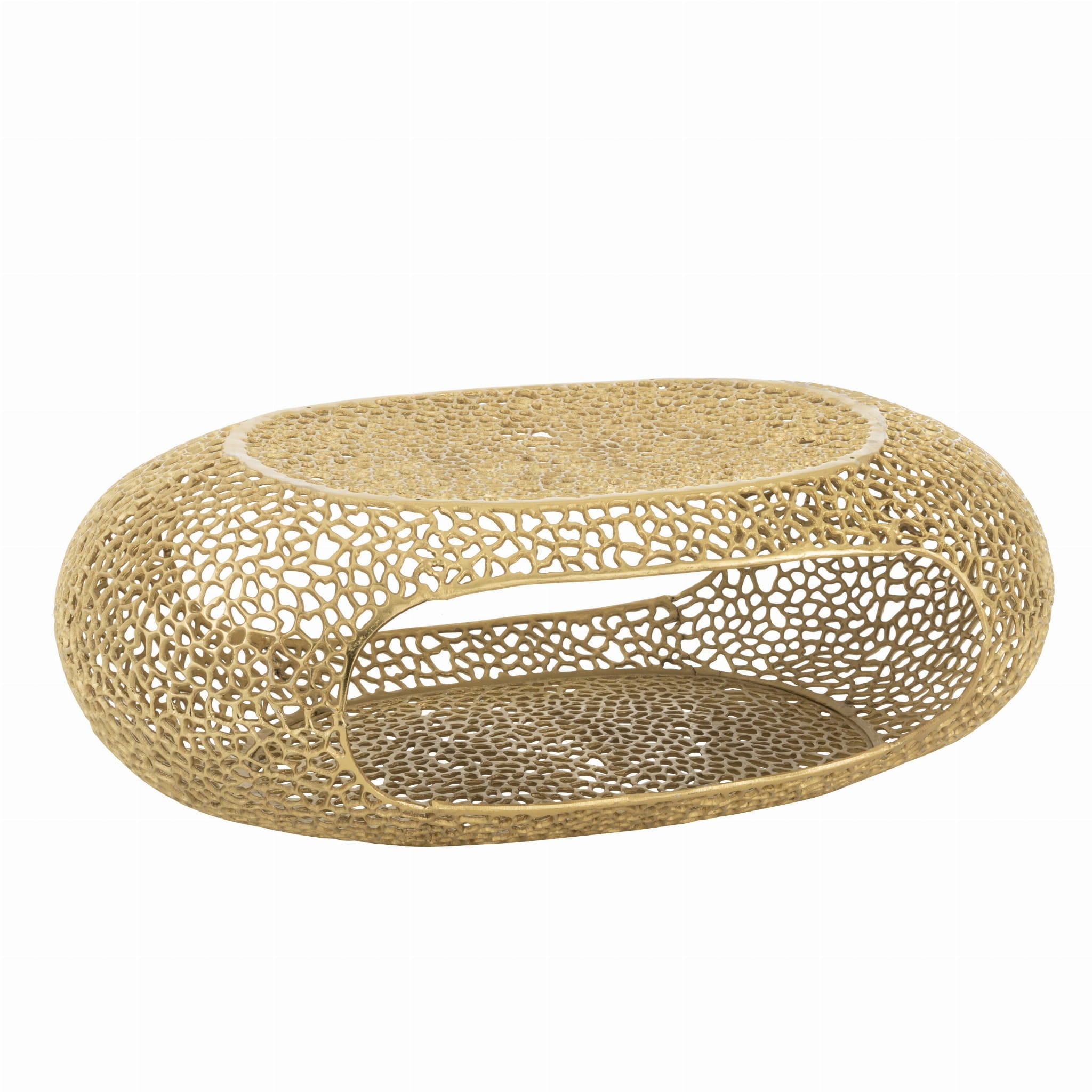 Stolik kawowy Gold owalny ażurowy metalowy złoty 120x70x40 cm J - LINE