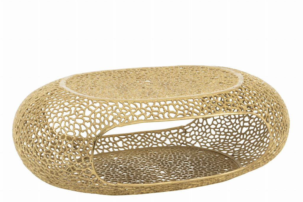 Stolik kawowy Gold owalny ażurowy metalowy złoty 120x70x40 cm J - LINE