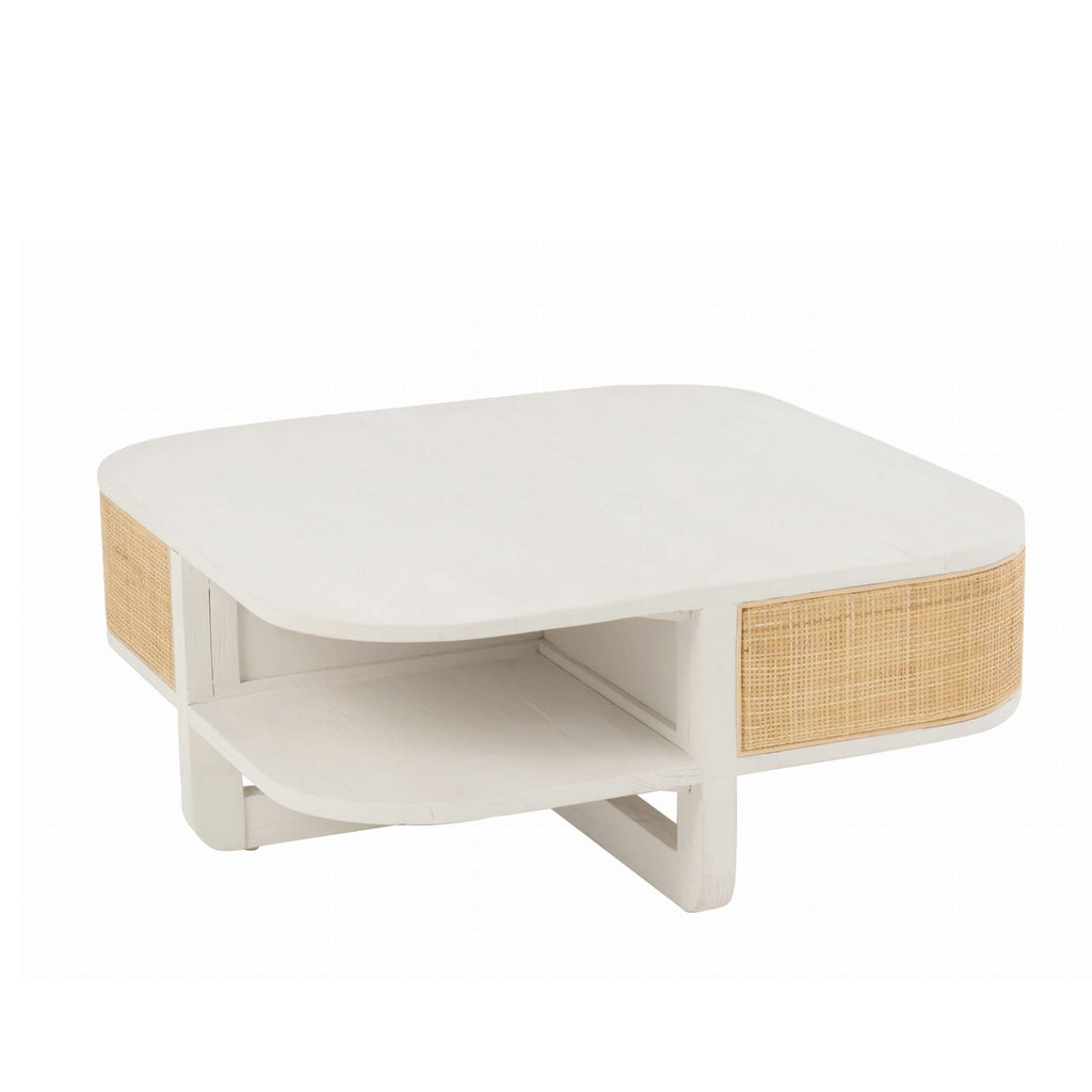 Stolik kawowy Molly biały drewno rattan 85x85x36 cm J - LINE