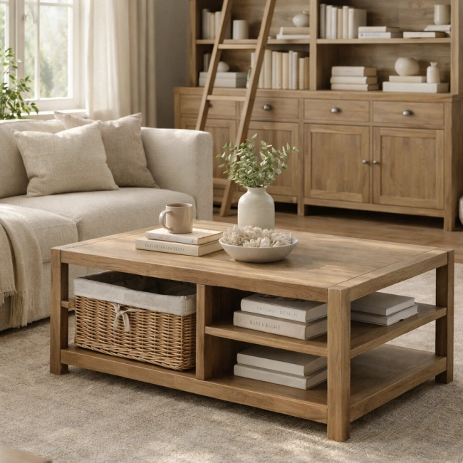 Stolik kawowy BLOIS w stylu FARMHOUSE 120x70x50 cm drewniany