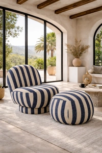 Fotel BENTO w pasy granat/złamana biel