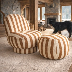 Puf BENTO w pasy karmel/złamana biel 62x62x45 cm