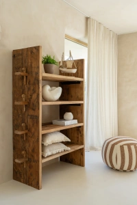 Puf BENTO w pasy karmel/złamana biel 62x62x45 cm