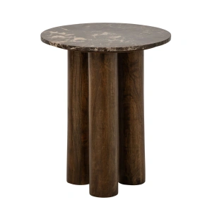 Stolik boczny EMPERA okrągły marmur 50x60 cm brązowy marmurowy blat podstawa drewniana mango